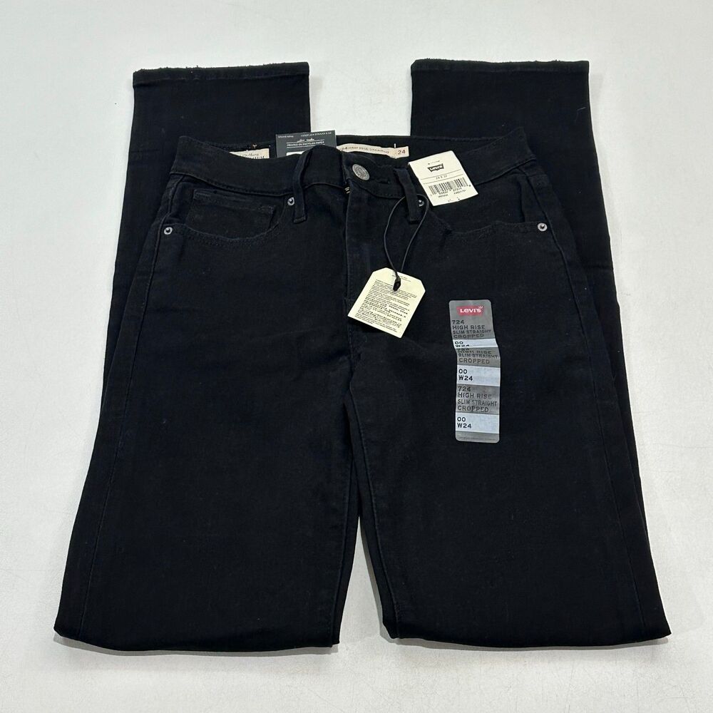 Levis 724 High Rise Slim Straight Cropped Jeans Black 24 Women's Distressed New